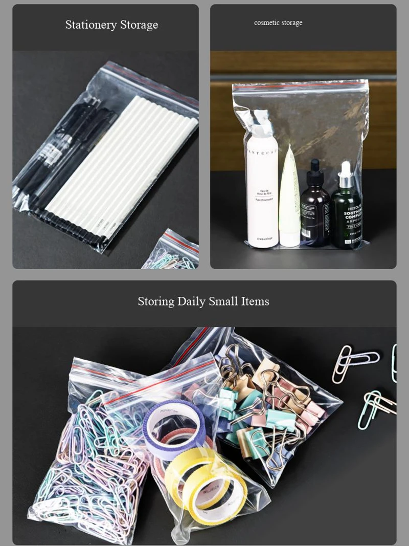 100PCS Deli 3022-3029 PE Transparent Self-Seal Moisture Proof Plastic Storage Bags Various Sizes 95x70mm to 330x240mm for Packin