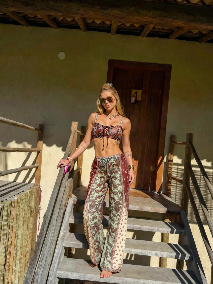 Vintage Bandage Printed Biquini With Pants Set Women's 3Pcs Swimsuit Fashion Lady Wide Straps Bikini Swimwear Mujer Beach Outfit