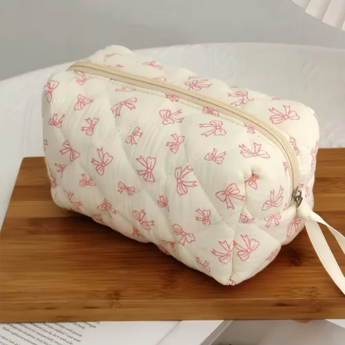 Imagen 2 del producto Bolsa de cosméticos acolchada con lazo para mujer, bolsa de maquillaje de viaje con cremallera, bolsa de almacenamiento estética de algodón, organizador para el cuidado de la piel, novedad de 2025