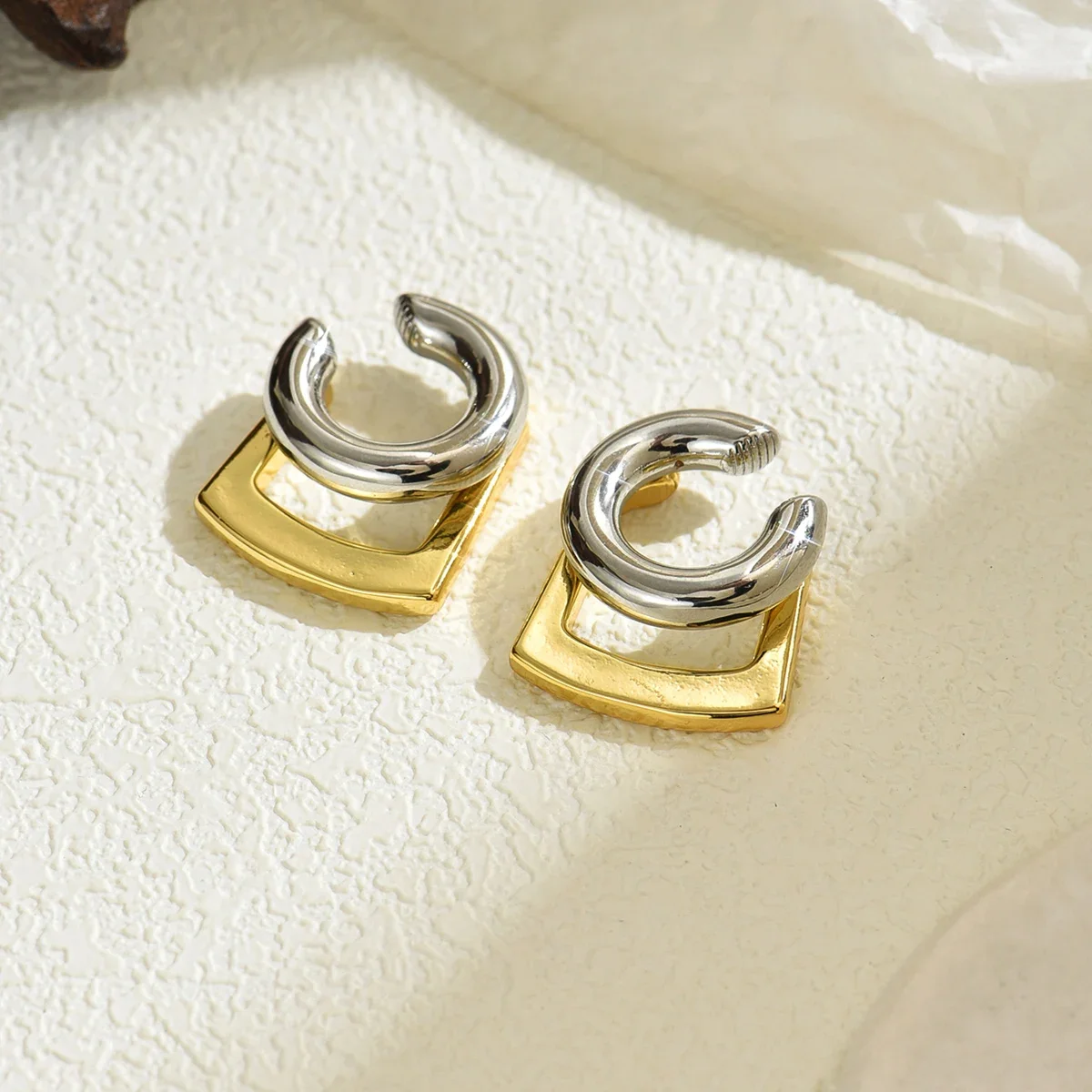 Fashion Square Round Gold&silver Color Cuff Earring Clip for Women 18K Stainless Steel Geometric Waterproof Jewelry Retro Gift - view 2