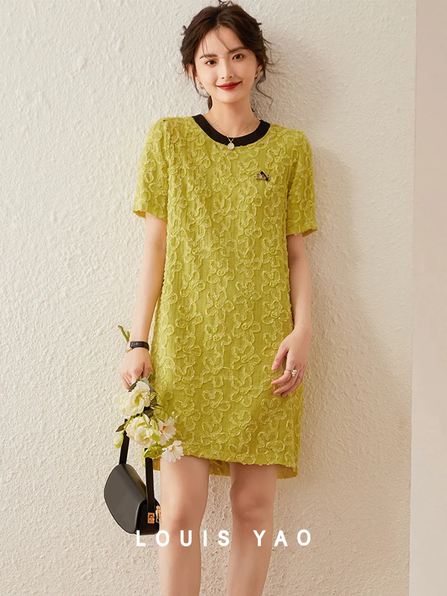 LOUIS YAO 2025 Summer Texture Flower Pattern Gonna a tubo dritto Girocollo Colore a contrasto Splicing Abito t-shirt per pendolari