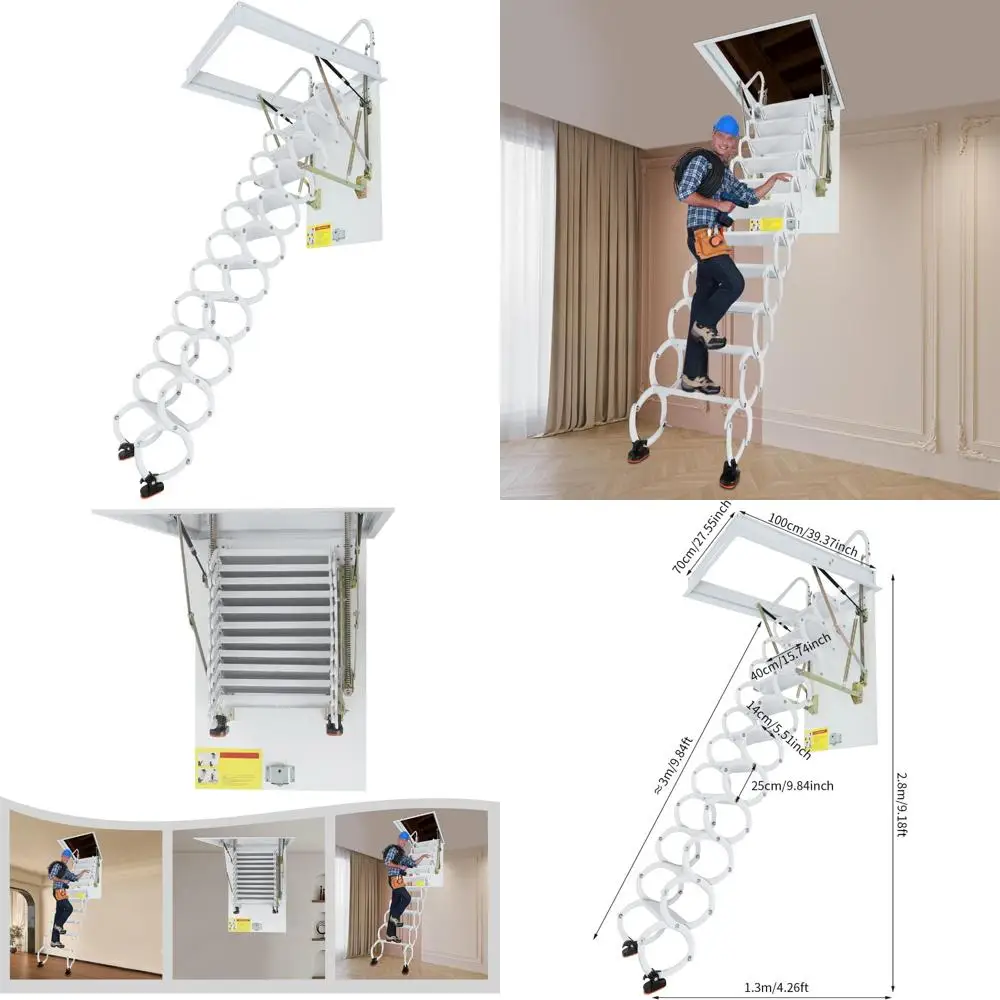 9-Foot Wall-Mounted Attic Ladder with 661 lbs Load Capacity, 11-Step Steel Folding Ladder featuring Anti-Slip Feet