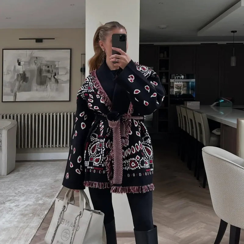 Elegant Knit Jacquard Tassel Belt Cardigan Women Lace Up Lapel Long Sleeve Warm Sweater 2026 Autumn Winter Lady Knitwears New 21 S98e9dfb1a05b421b9c84f13b482e84e8m