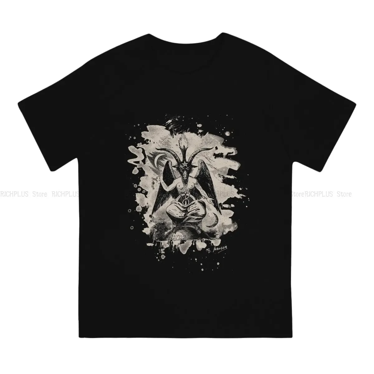 Bleached Creme TShirt For Men Baphomet Satan Lucifer Clothing Style T Shirt Homme