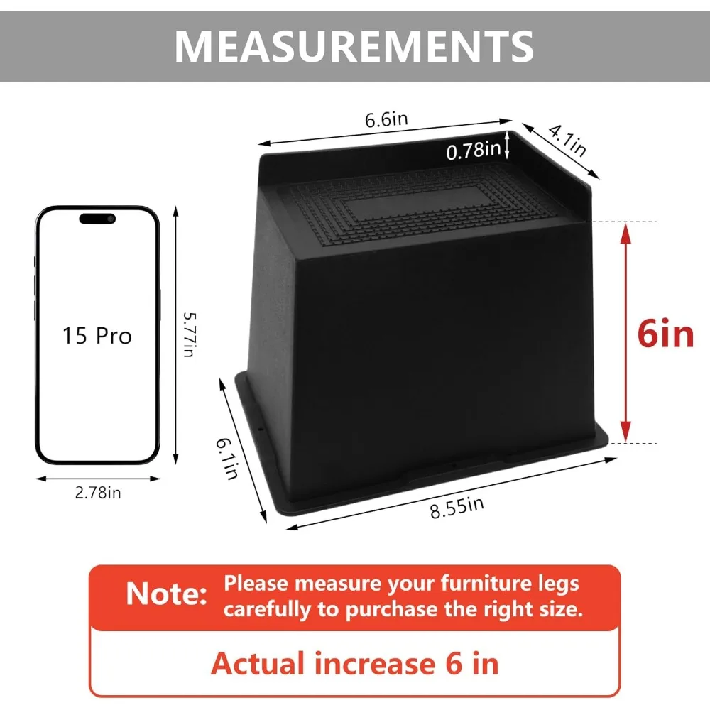 4 pacotes de elevadores de cama de 6 polegadas, resistentes, elevadores de móveis de grandes dimensões, elevadores de cama extra largos para mesa, sofá, dormitório duplo XL, Couc