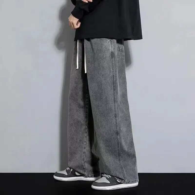 

Весенне-осенние мужские мешковатые джинсы большого размера, прямые свободные повседневные джинсовые брюки, однотонная уличная одежда, модные широкие брюки Y2k