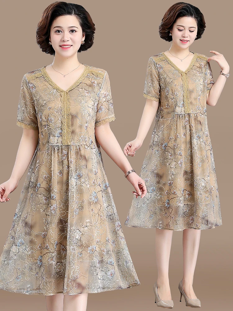 

Элегантное летнее платье из шифона и полиэстера с V-образным вырезом, свободного кроя, для женщин 40-50 лет