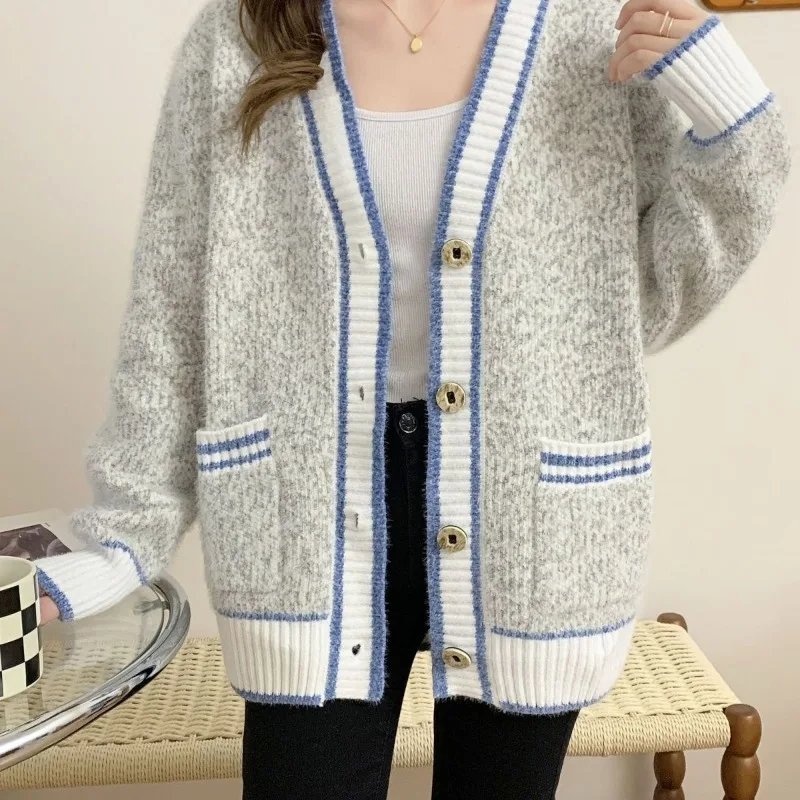 

Women's V-neck Cardigan Button Striped Pocket Knitted Sweater Autumn and Winter Korean Loose Sweater Long Sleeved Fashion Coat