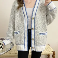 Women's V-neck Cardigan Button Striped Pocket Knitted Sweater Autumn and Winter Korean Loose Sweater Long Sleeved Fashion Coat