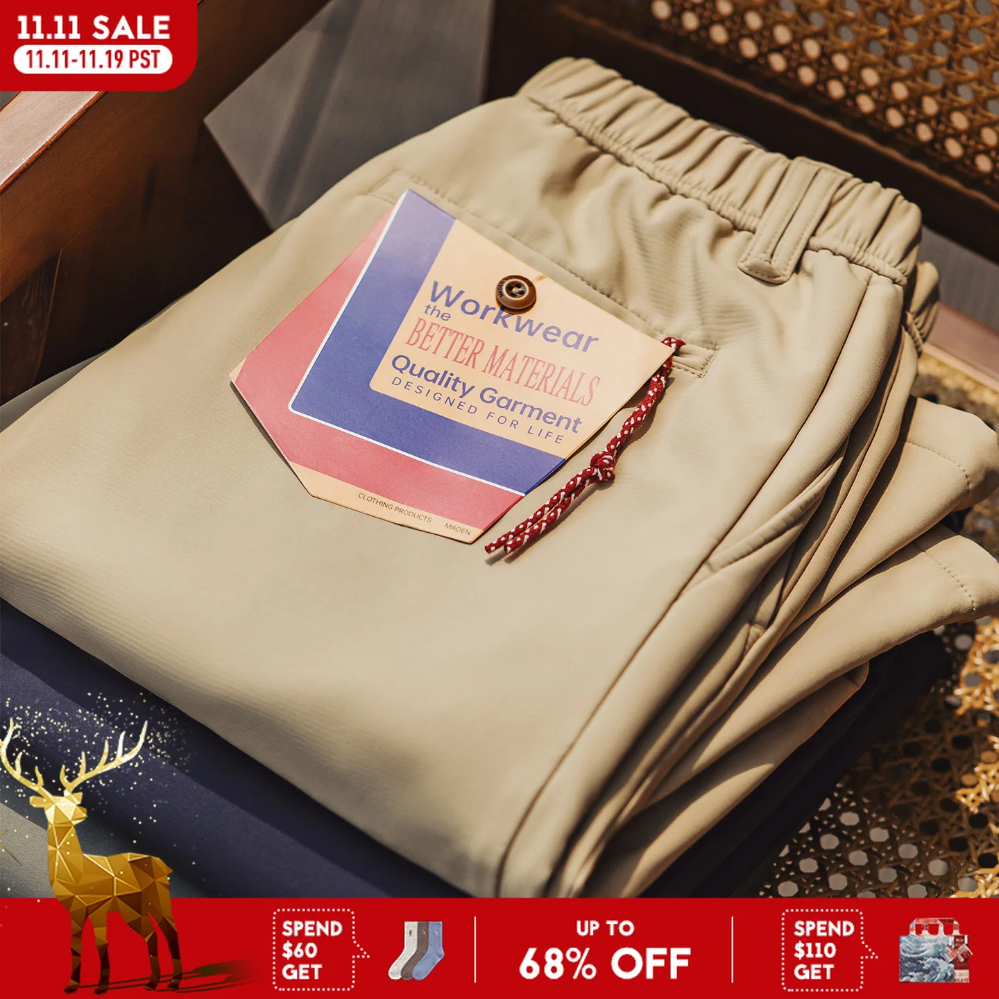 

Maden Fleece-Lined Trousers Straight-Leg Waterproof Outdoor Casual Pants with Drawstring Cuffed for Men's Fall Winter Easypants