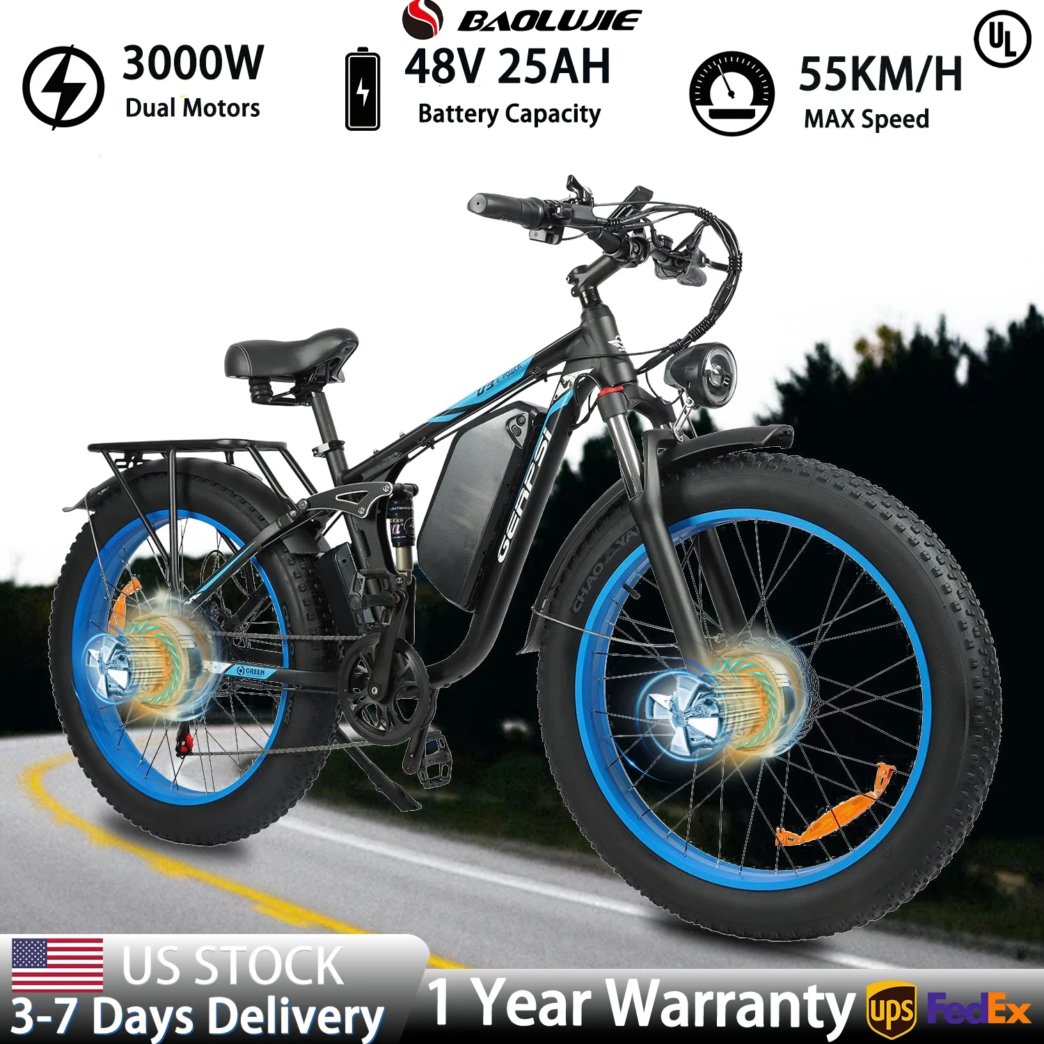 

BAOLUJIE 2603 Electric Bike for Adults Electric Bicycle Peak 3000W 52V 32AH E bike 35MPH 26" Electric Dirt Bike【1 Year Warranty】