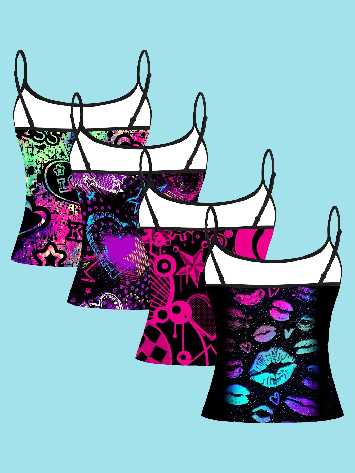 4-Piece Set of Y2K Street Graffiti Heart Star Lip Print Camisoles, Black Base with Fluorescent Color-Blocking Graffiti, Millennium-Style Women's Slim-Fit Spaghetti Strap Sleeveless Tops for Outerwear or Layering