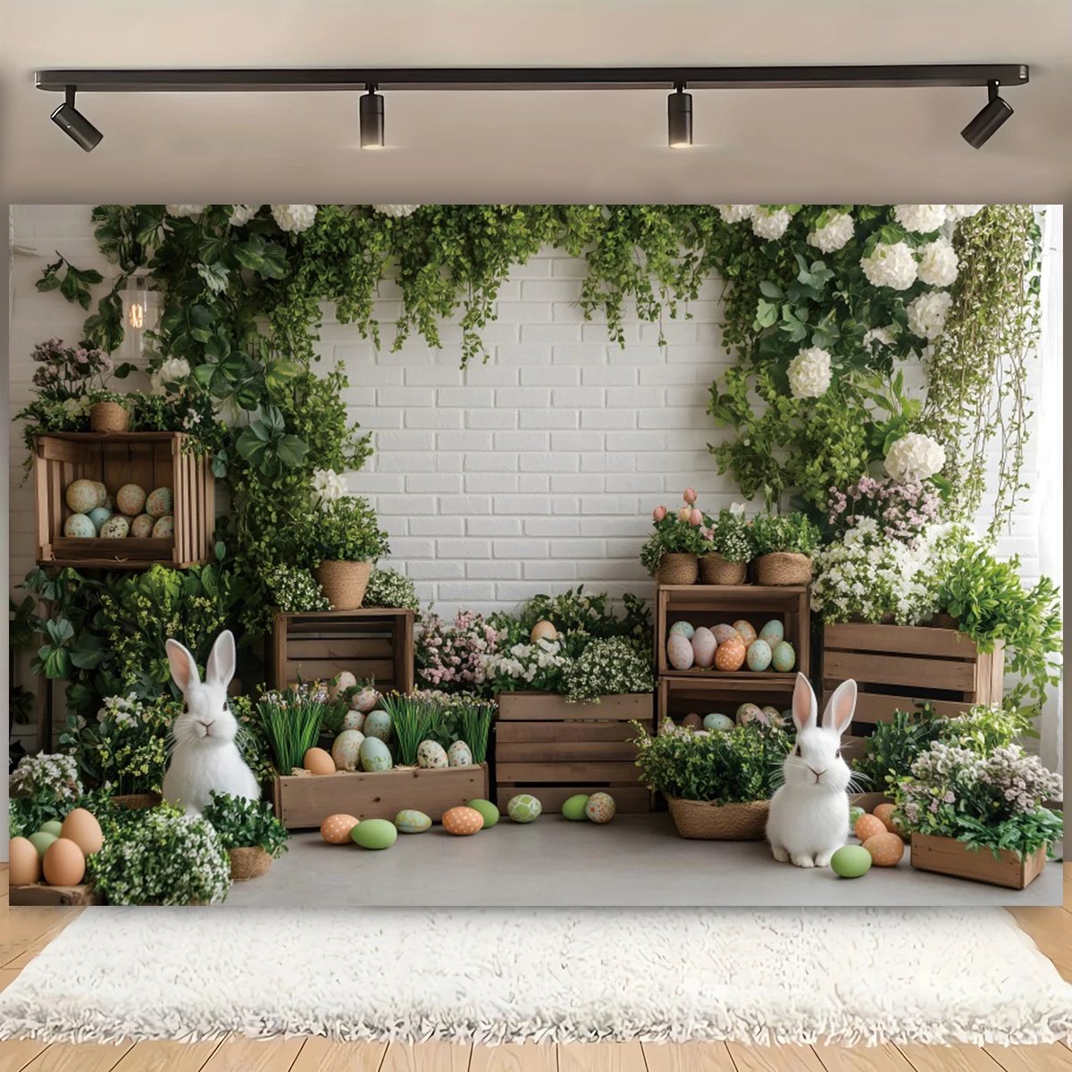 

Easter Decoration Backdrop Bunny Colorful Eggs Wooden Board Wall Green Plants Leaves Spring Carrot Background Photo Studio Props