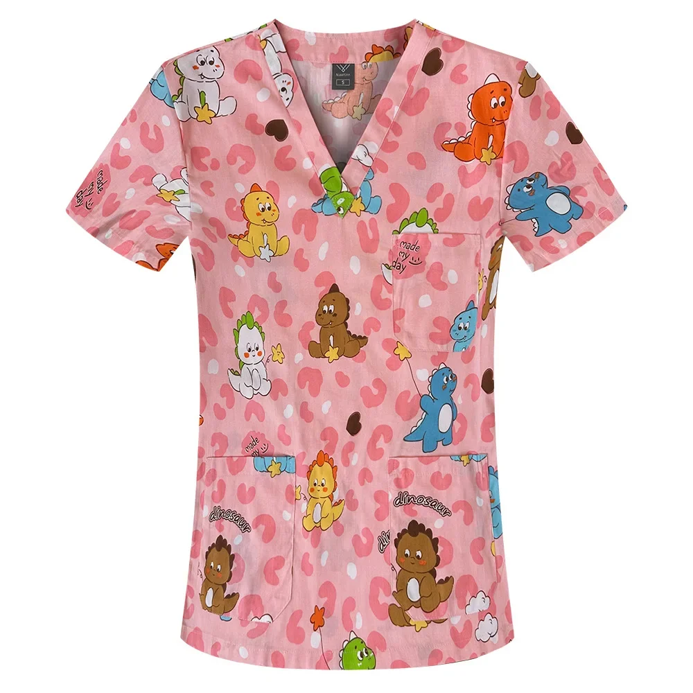 Cartoon Print Nurse Uniform V-Neck Short Sleeve Scrub Top Surgical Work Shirt for Medical Professionals Unisex Pediatric Uniform