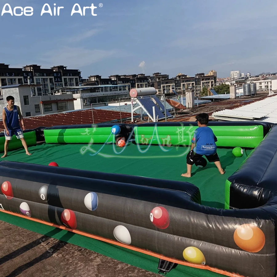 12m L x 8m W Oxford Cloth Material Inflatable Billiards Soccer Field with 16 Footballs for Outdoor Activities or Party