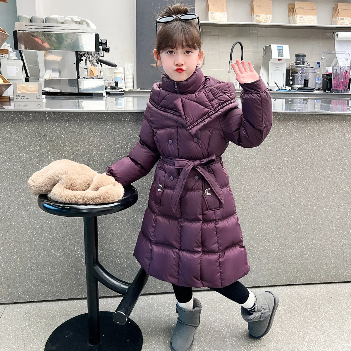 

2024 Winter Girls 120-170cm Long Fashion Turtle Neck Thick Warm Parkas with Belt Kids Coat Outerwear