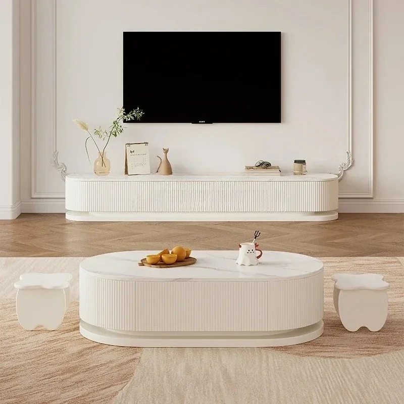 French Cream White Rock Plate TV Cabinet and Tea Table Combination Living Room Oval Floor Cabinet