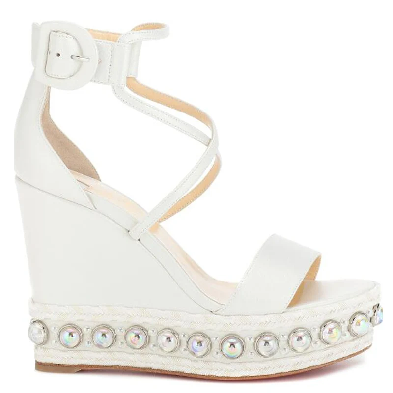 Pearl Rivets Studs Rope Braided Platform Wedge Sandals Summer white silver Crossed Strap Woman Gladiator Beach Vacation Sandals