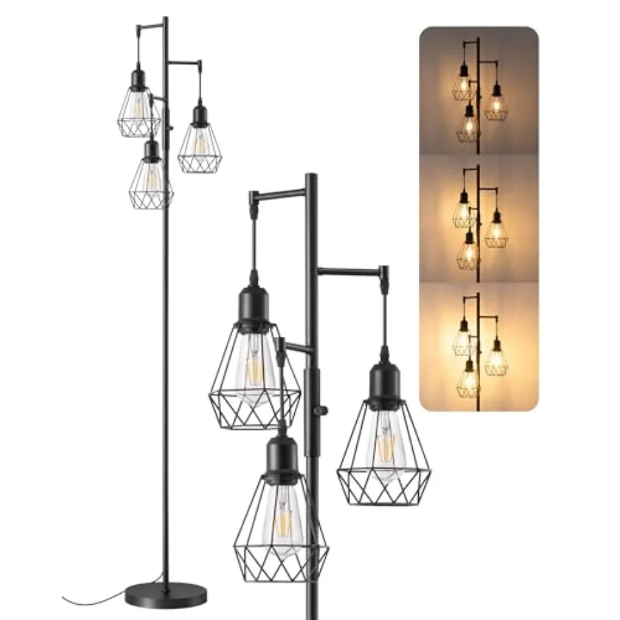 

70IN Farmhouse Floor Lamps for Living Room, Dimmable Industrial Tall Standing Lamps 3 LED Edison Bulbs Included, Diamond-Shaped