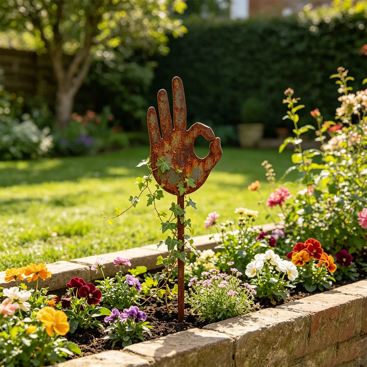 1Pc Iron Garden Decoration Stake, Vintage Style, Rust-Colored Iron Ok Gesture Garden Stake, Outdoor Lawn/Flower Bed Decoration, Suitable for Climbing Plants, Garden Landscaping and Fun Gardening Decoration Crafts.