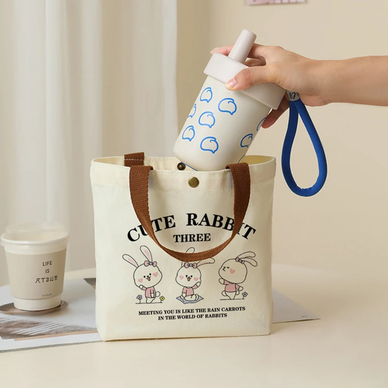 Small Versatile Handbag Cute Cartoon Mini Canvas Bag Female Student Lunch Box Bag Simple Tote Bag Office Worker Lunch Bag