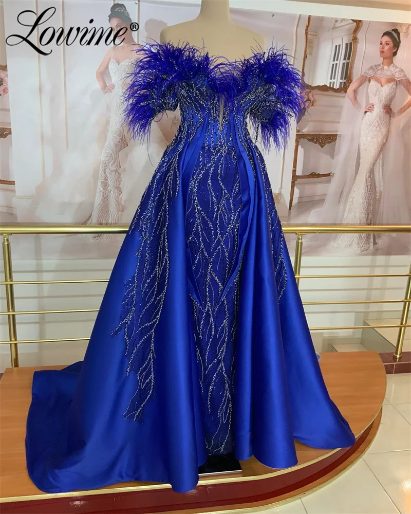 로얄 블루 깃털 아랍어 이브닝 원피스, 스팽글 구슬 웨딩 파티 가운, 2025 맞춤형 무도회 드레스, Abendkleider