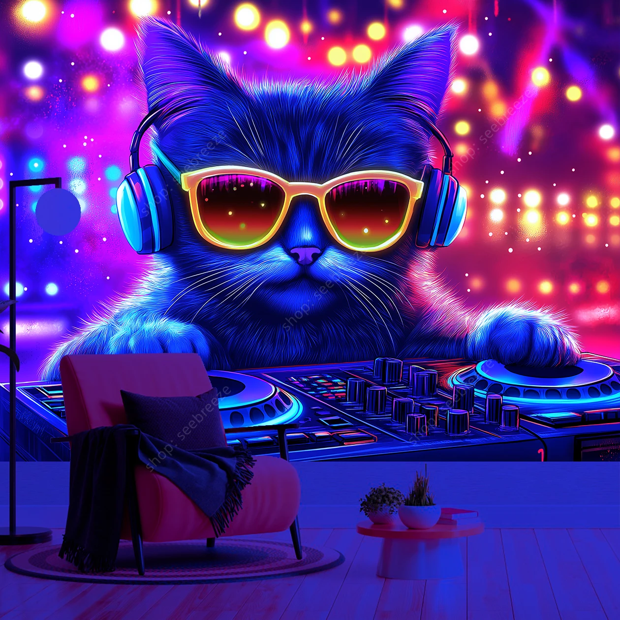 Vibrant DJ Cat UV Reactive Tapestry Perfect for Music Lovers Bedroom Decor Festival Vibes and Bohemian Style Wall Hanging Art