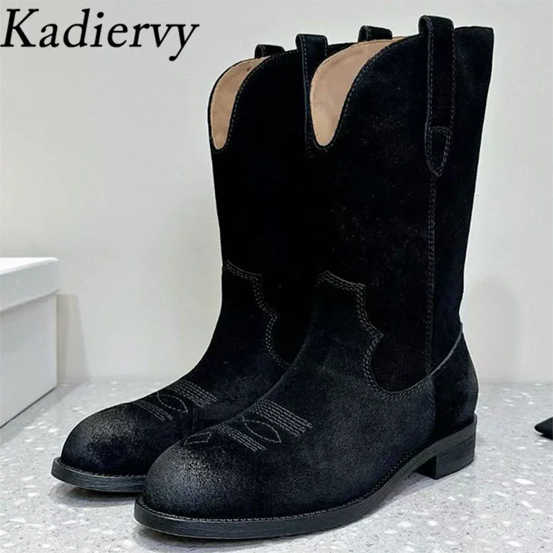 Top Cow Suede Embroidery Western Boots Woman Round Toe Slip-on Knight Boots Retro Shoes Woman Flat Mid Calf Boots Women