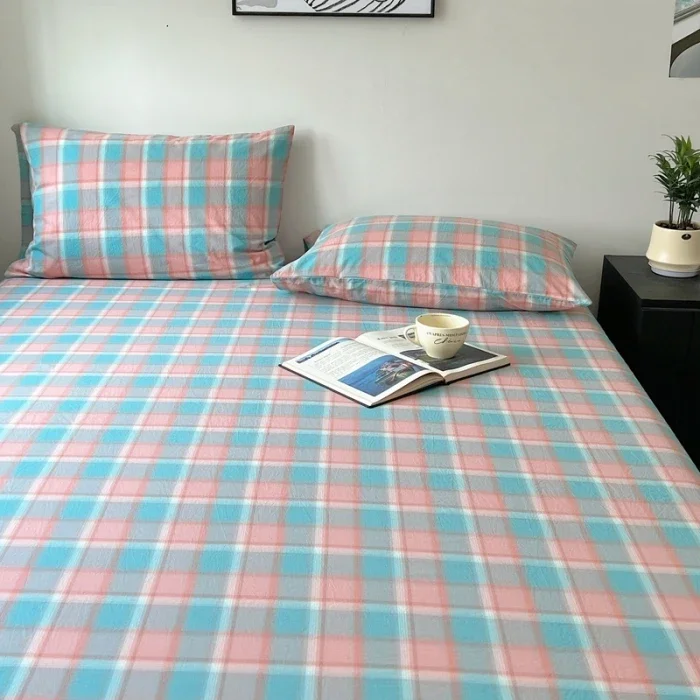 Plaid Flat Sheet with 2 Pillowcase Traditional Lines Vintage Country Style Geometric Bed Sheet Set Cotton Buffalo Grid Bed Cover