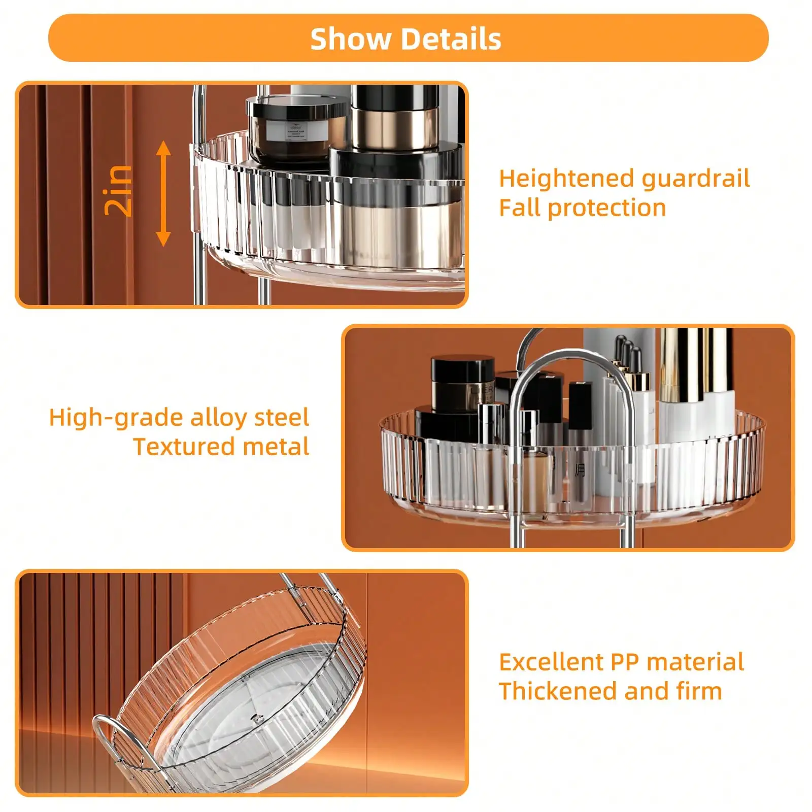 2-х уровневый 360 °   Вращающийся органайзер для макияжа (прозрачное золото) — Lazy Susan высокой емкости для туалетного столика/ванной комнаты