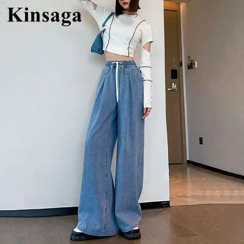 High Street Wide Leg Mopping Jeans Women Aesthetic All-match Pleated Elastic Waist Straight Denim Trouser Casual Chic Folds Pant