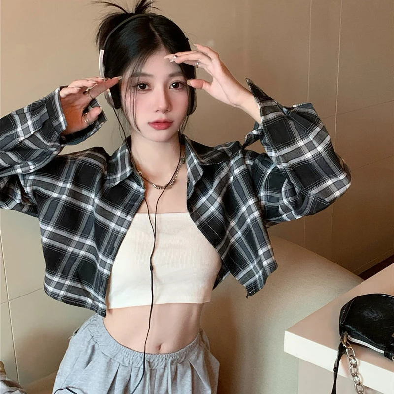 Plaid Shirt Women Blue Loose Casual Turn Down Collar Long Sleeve Blouse Korean Fashion All Match Crop Top Ladies New