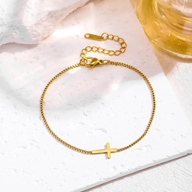 Stainless Steel Cross Bracelet for Women 18k Gold Plated Waterproof Box Chain Bracelets Trendy Gold Jewelry Baptism Gifts