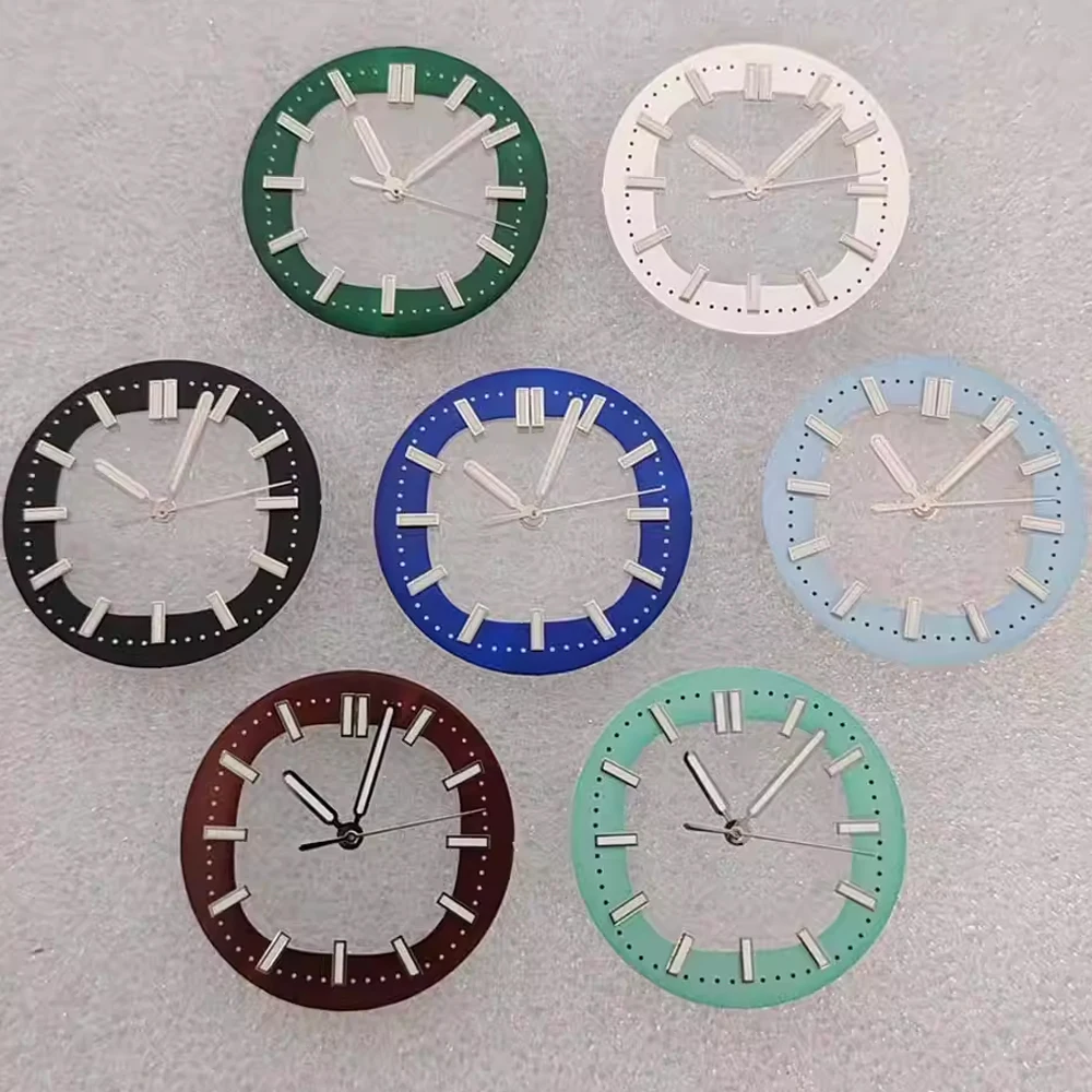 30.5 مللي متر ساعة الطلب مع ساعة الأيدي الأخضر مضيئة الهاتفي NH35 مؤشر لحركة NH35 ثلاثية الأبعاد الأظافر ساعة شفافة وجوه أجزاء