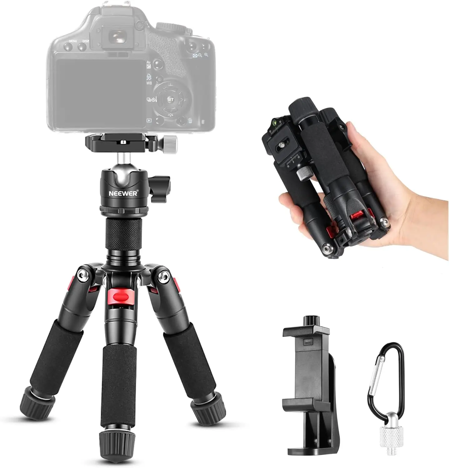 

Mini Desk Camera Tripod with Phone Holder for iPhone Video Recording, 20" Portable DSLR Stand, 360° Ball Head