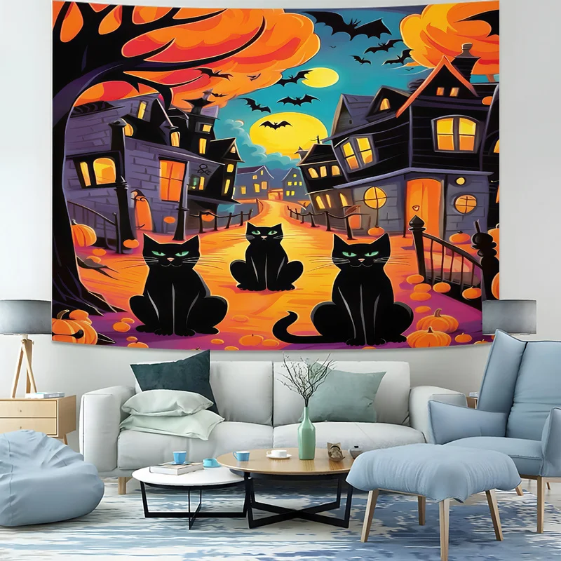 Retro Halloween Spooky Tapestry Car Spider Castle Pumpkin Skull Print Wall Hanging Fashion Lightweight Backdrop Wall Decor Gift