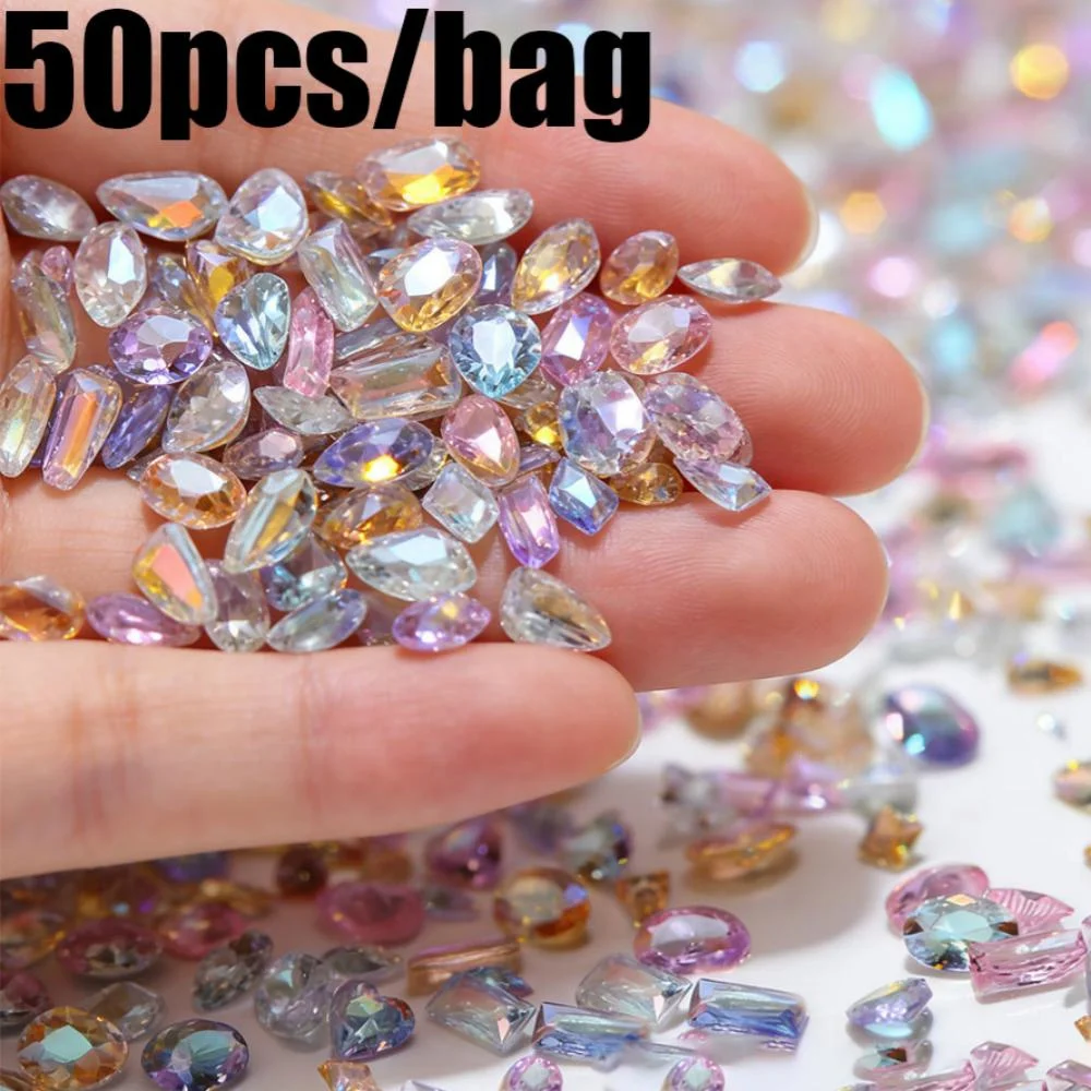 50 Pcs Sparkling Micro Zircon Nail Rhinestones Multi-color Square/Drop/Oval Flat Back Crystal Nail Charms Luxury 3D Nail Decor