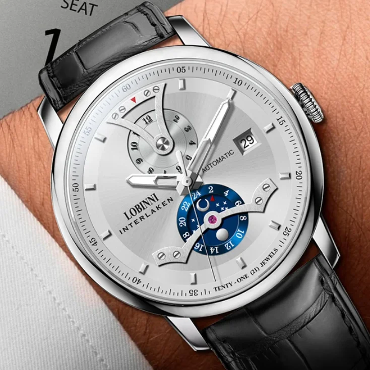 LOBINNI Men Automatic Watch Business 41mm Mechanical Wristwatch Sapphire Mirror Luminous Multi-Dial Month Date 24 Hours