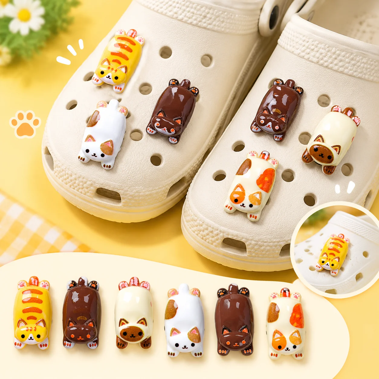 16pcs Mixed Cute Lying Cat Resin Shoe Charms - Kawaii Animal Clog Decor for Sandals & Beach Bags