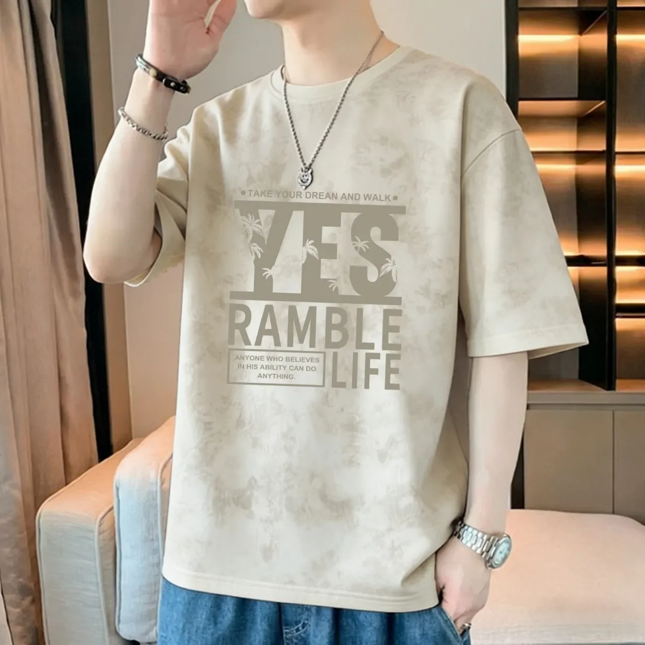 Trendy Casual Men's T-Shirt With Letter Print And Tie Dye Effect For Daily Wear Summer Style