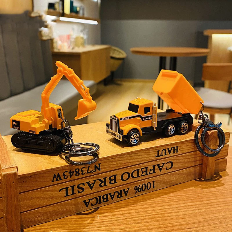 Creative Personality Alloy Engineering Car Excavator Key Chain Cartoon Forklift Roller Car Toy Keychain Student Bag Pendant Gift