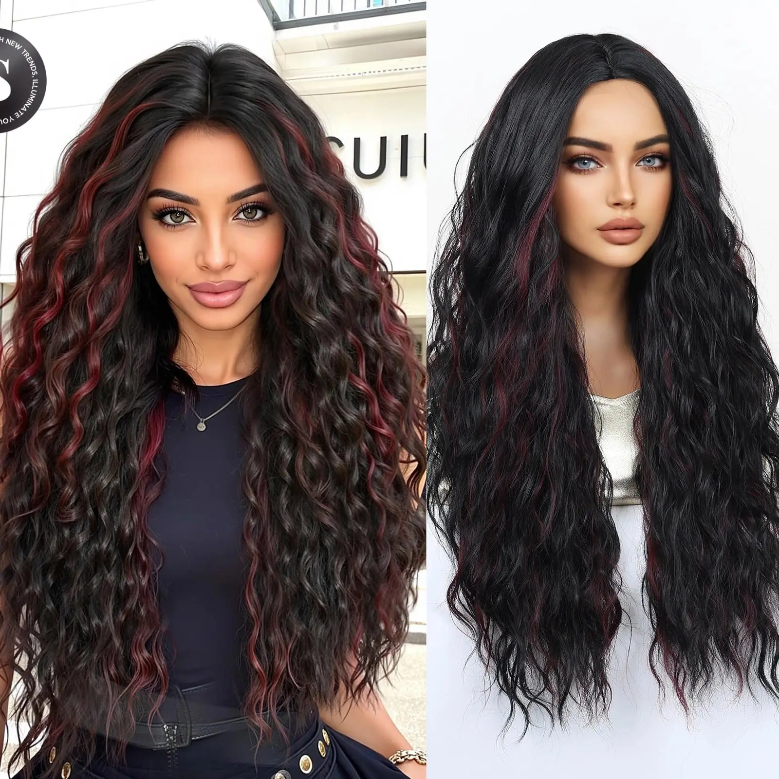 

Длинный кудрявый парик 26 дюймов, черный с бордовым оттенком, с водной волной и центральным пробором, термостойкий, синтетический парик с естественным видом, подходит для повседневного использования и вечеринок.