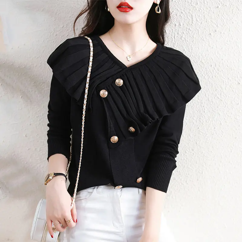 Autumn Winter Women Stylish V Neck Ruffles Design Elegant Chic Knitwear Female Korean Black White Long Sleeve Slim Pullover Tops