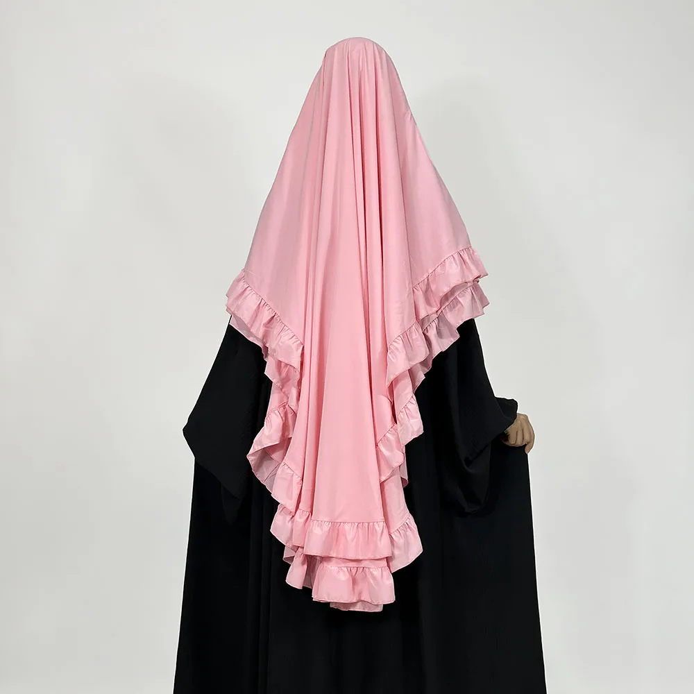 Nieuwe Twee Lagen Ruche Chiffon Khimar Met Niqab Snaren Hoge Kwaliteit Lichtgewicht Ademend Groothandel Moslim Gebed Sluier Hijab