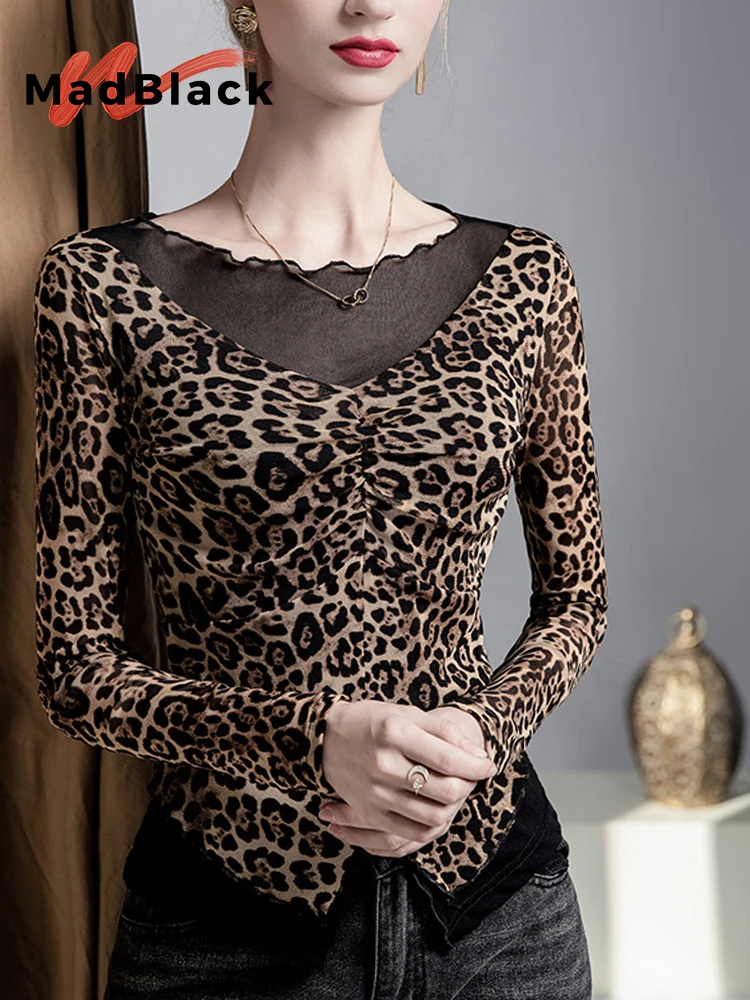 

MadBlack-Женская европейская футболка, сексуальный леопардовый принт с разрезом на шее, уличная тонкая футболка из 2 предметов с длинными рукавами, осень 2025 T5O577CC