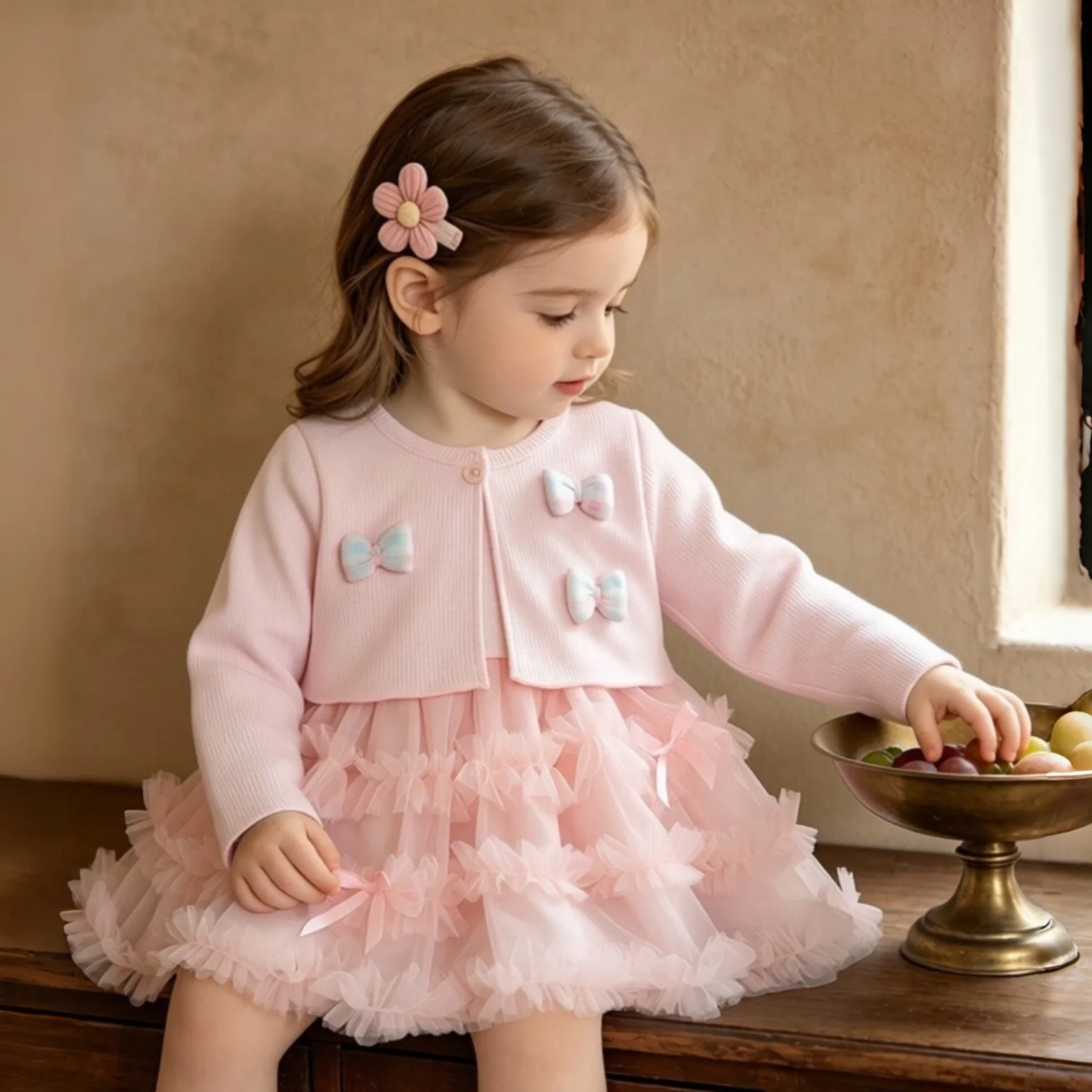 Sweet Baby Long Sleeved Princess Dress Autumn New Baby Girl Mesh Lace Tutu Dress Birthday Party Dress Daily Outdoor Dressing