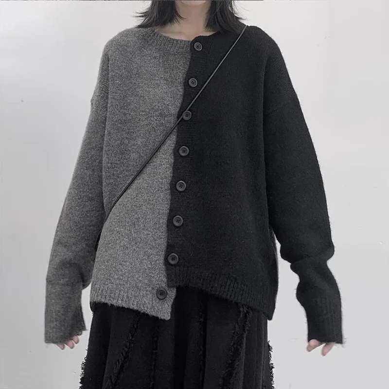 HKSH Autumn Winter New Women Tide Spliced Asymmetric Sweaters Trendy Niche Chic Casual O-Neck Knitted Cardigan Coats Ins HK12648