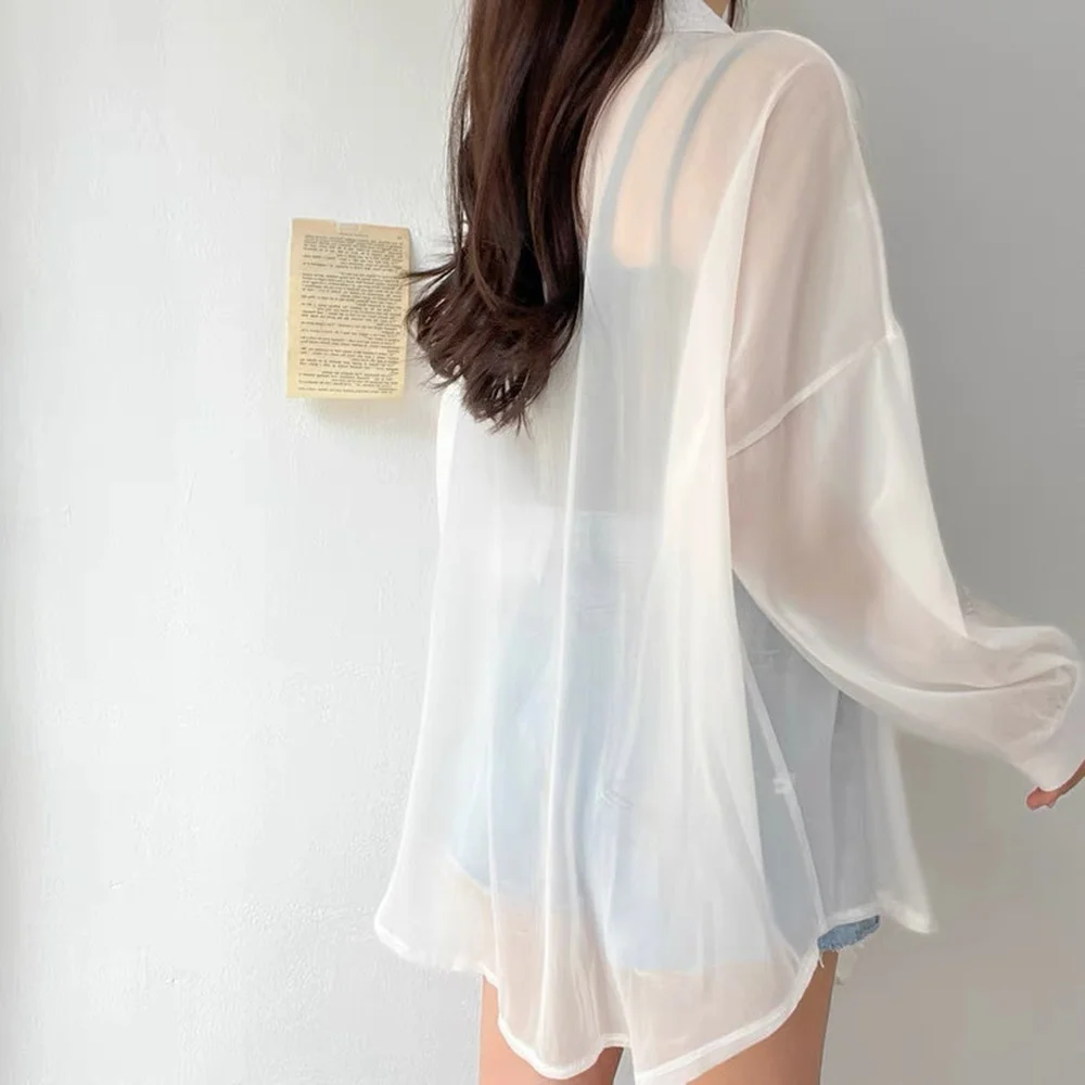 Women Summer Thin Sunscreen Blouse Breathable Long Sleeve Shirt Loose Fit Casual Button Up Elegant Office Streetwear