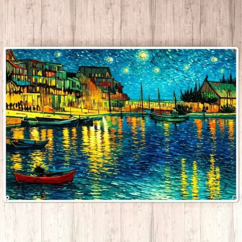 Wall Decor HD Metal Tin Sign 20x30cm Impressionist Sunflower House Village Figure Moon Starry Sky Home Decor