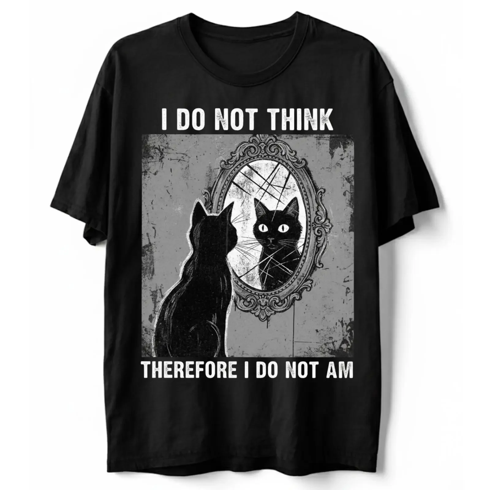 I Do Not Think Therefore Am T Shirt Funny Cat Mirror Meme  vintage Washed fashion Versatile graphic Breathable Casual
